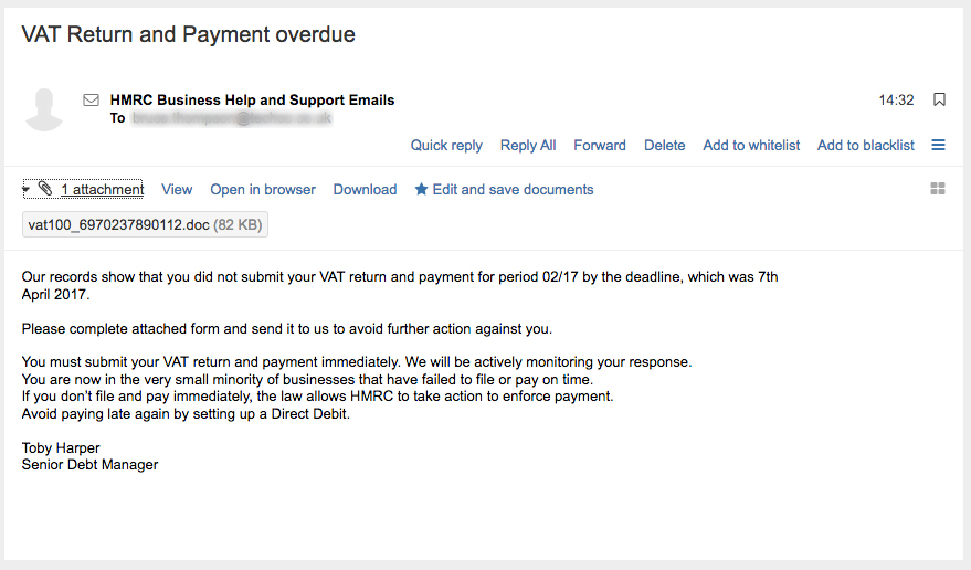 VAT Return and Payment Overdue Scam Email image